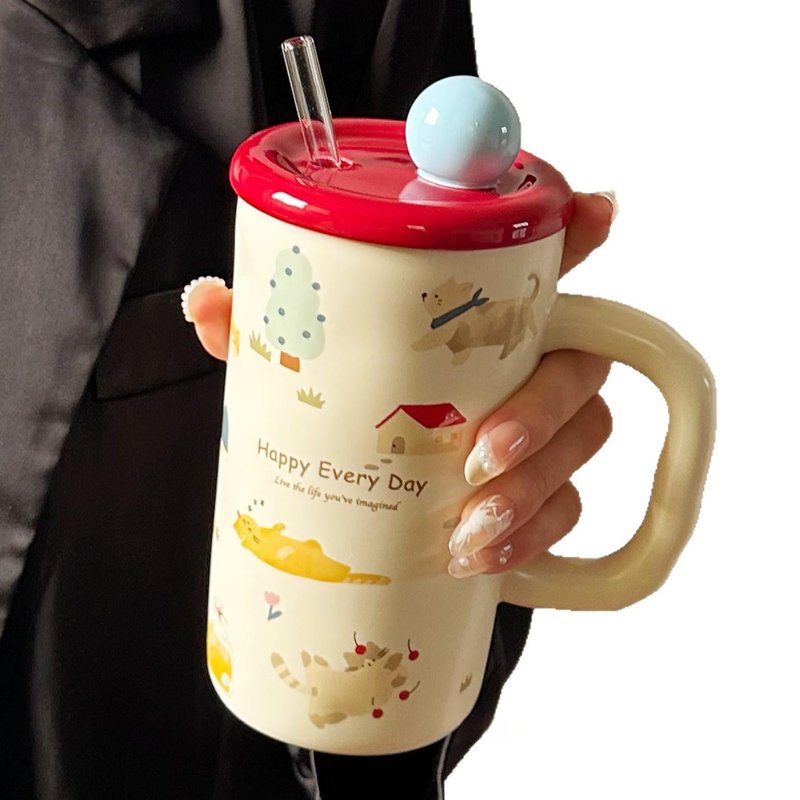 Ceramic Drinking Cup with Lid - Cartoon Style, 500ml Capacity, Multiple Variants