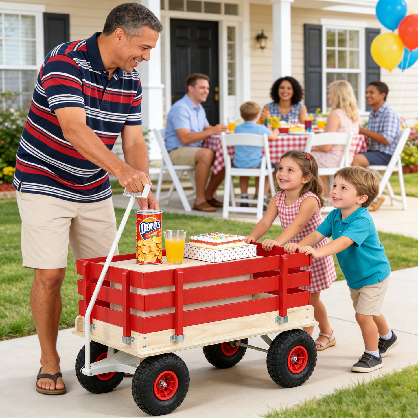 Red Wooden Wagon Cart With Folding Handle, Heavy Duty All-Terrain