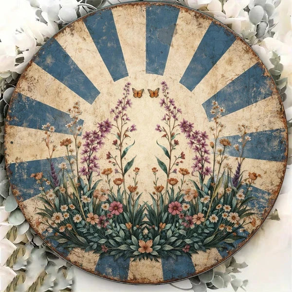 Vintage Butterfly & Flower Metal Round Sign - 8x8in