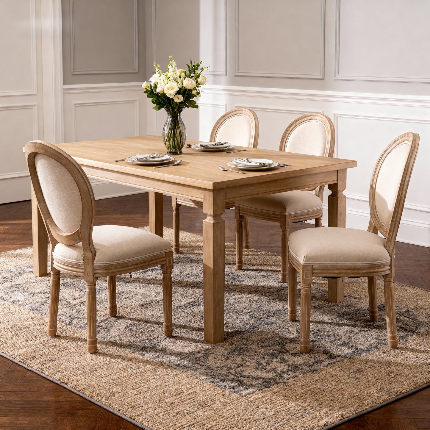 Beige French Style Solid Wood Frame Oval Back Dining Chairs - Set of 2