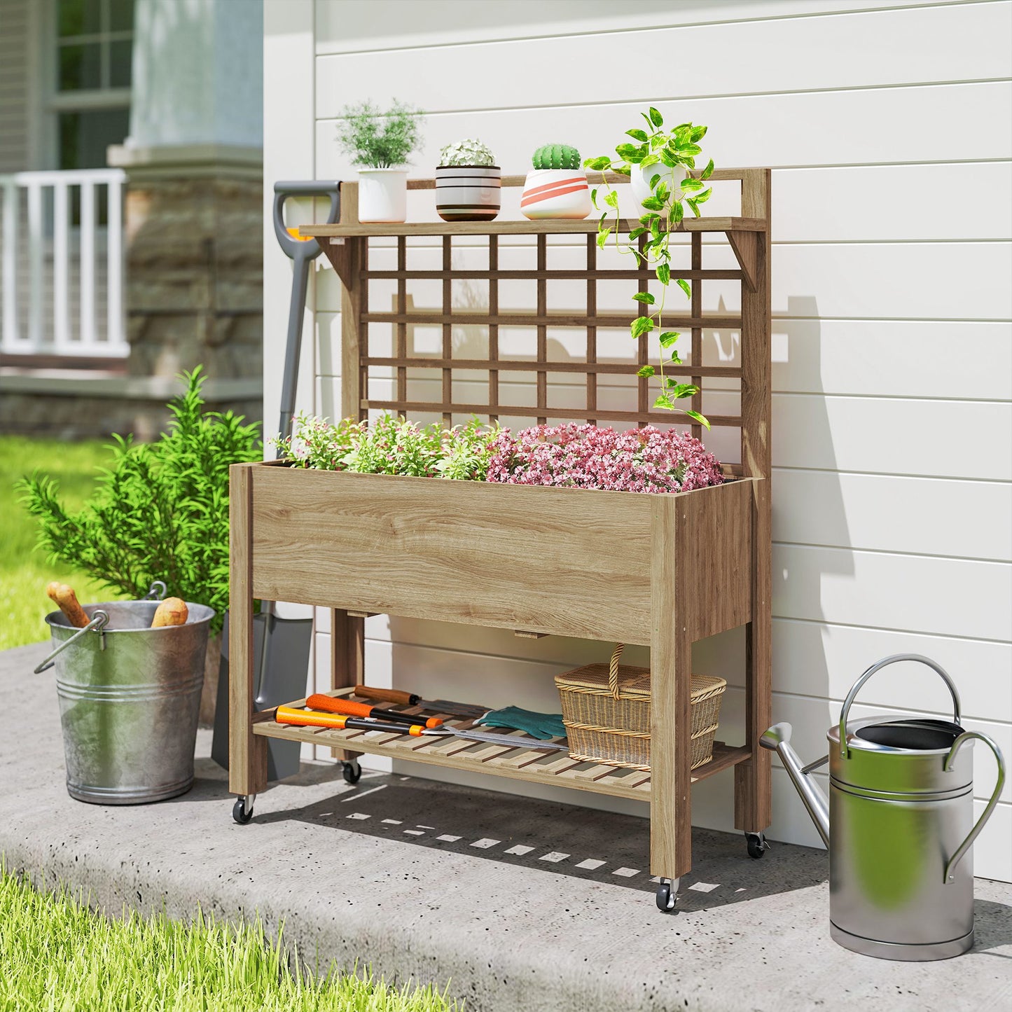41-Inch Raised Garden Bed with Wheels, Wooden Planter Box, Trellis & Storage Shelf - Dark Brown