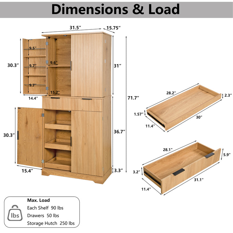 72-Inch Fluted Kitchen Pantry Cabinet with 3 Drawers & 6 Shelves - Oak