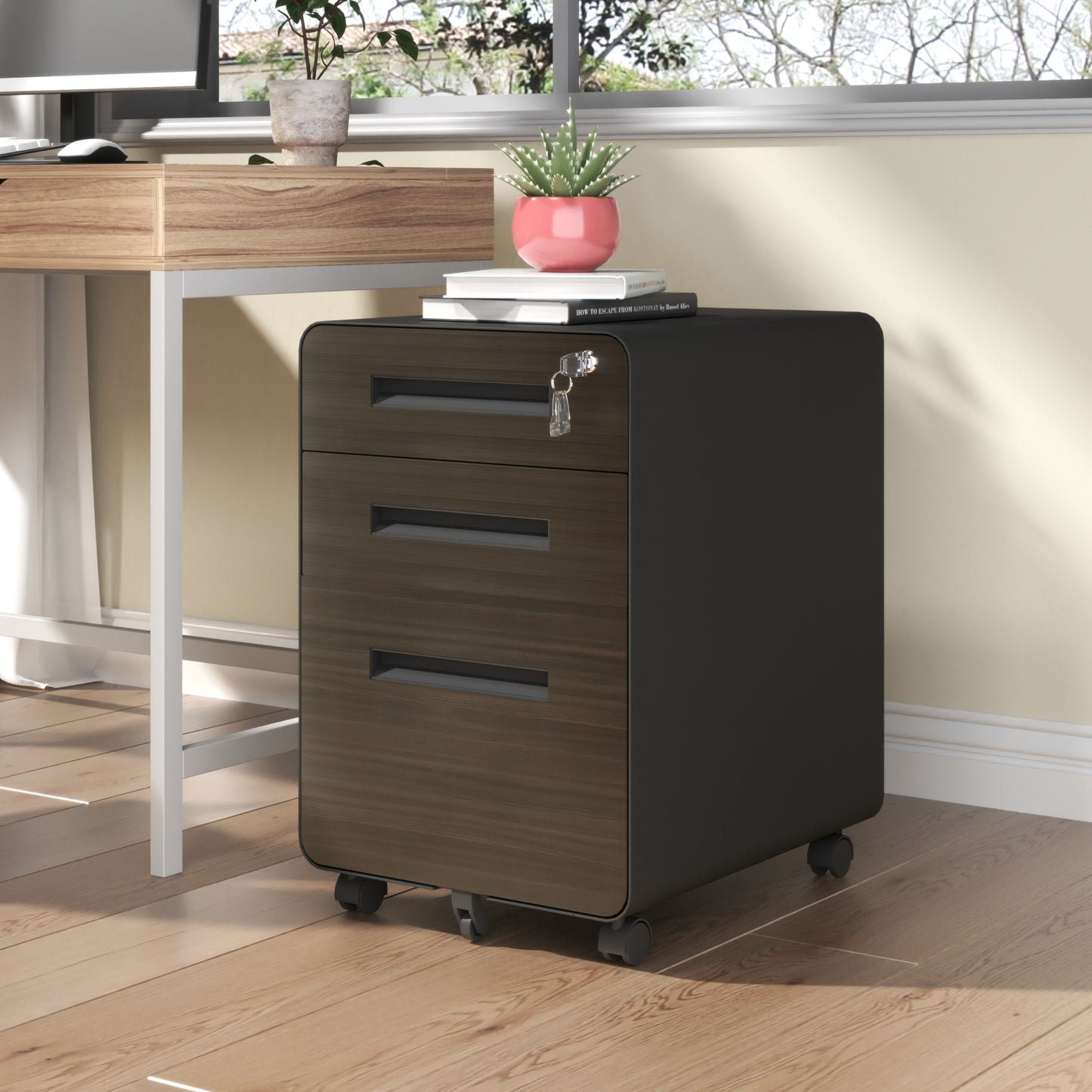 3-Drawer Mobile File Cabinet with Lock - Black Steel Storage