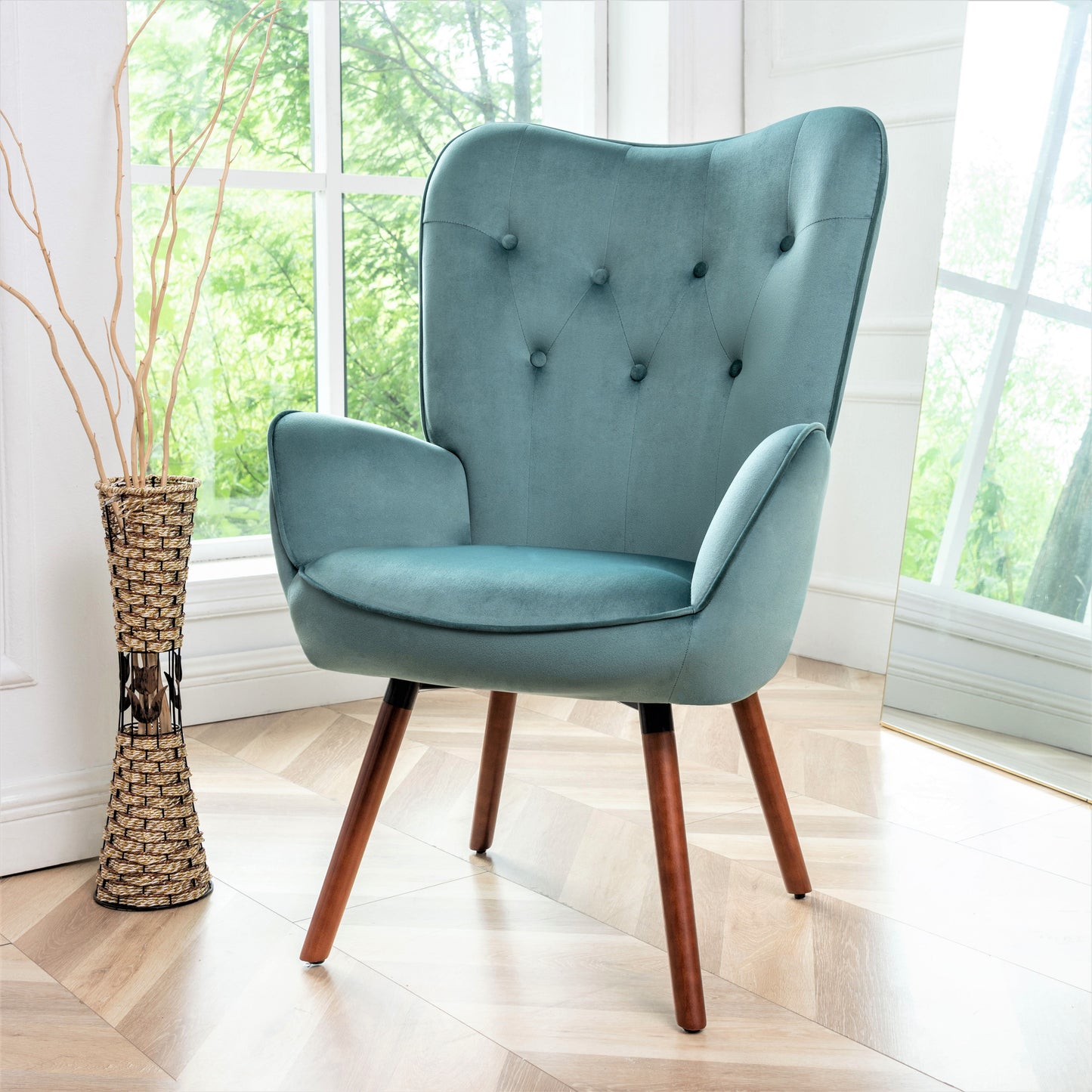 Mid-Century Modern Wingback Accent Chair, Button-Tufted Polyester