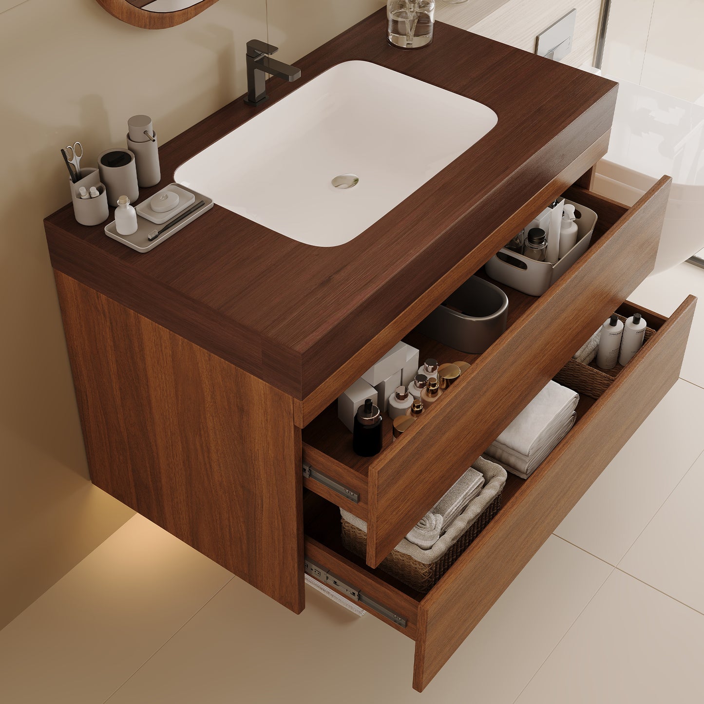 29.9" Modern Floating Bathroom Vanity with Faux Marble Top - Dark Brown Walnut