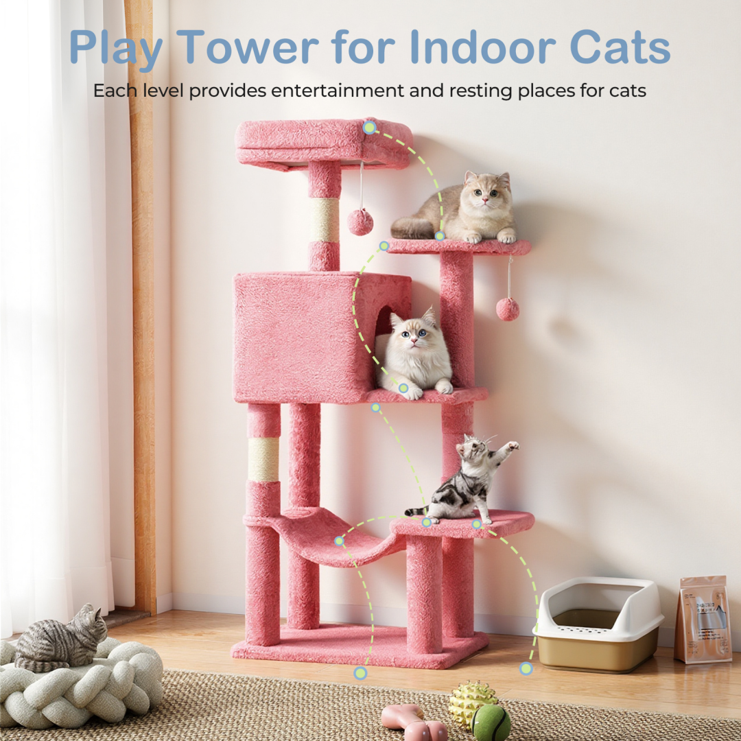 44-Inch Multi-Level Cat Tree Tower with Scratching Posts, Platforms & Hammock