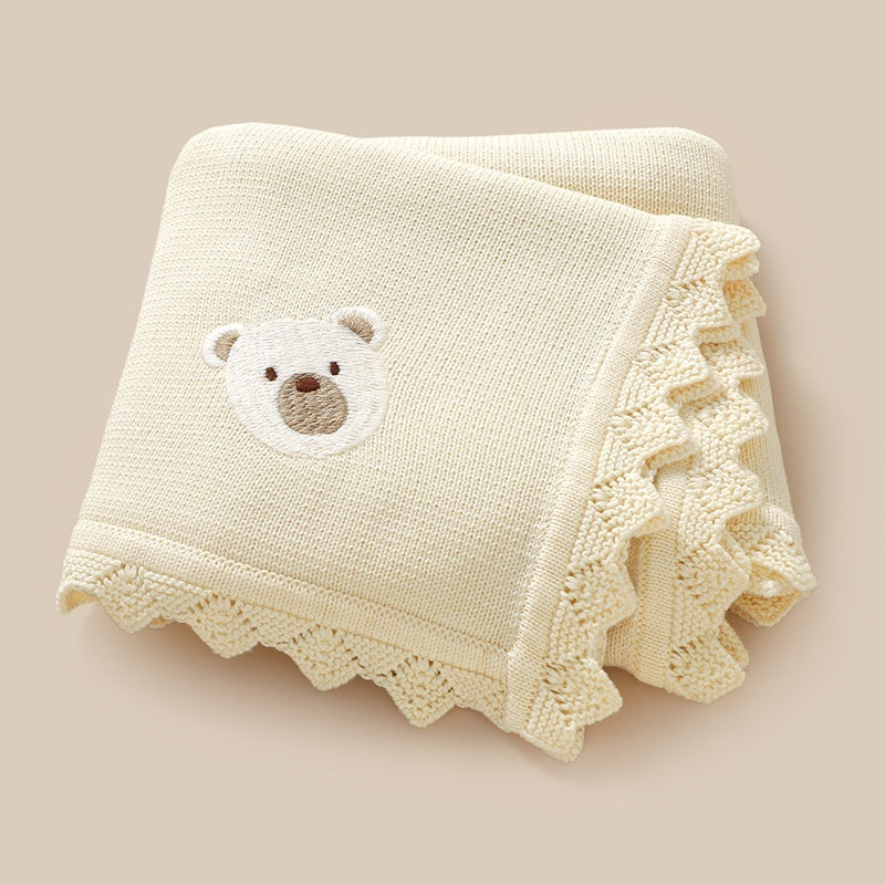 Infant Knitted Bear Embroidery Blanket - Soft Cotton Baby Covering