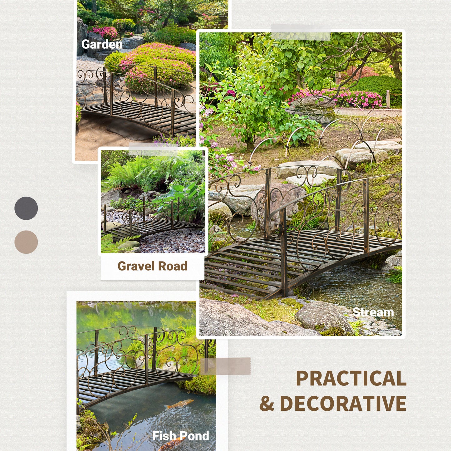 Metal Garden Bridge with Safety Siderails - Bronze Arc Footbridge for Pond and Creek