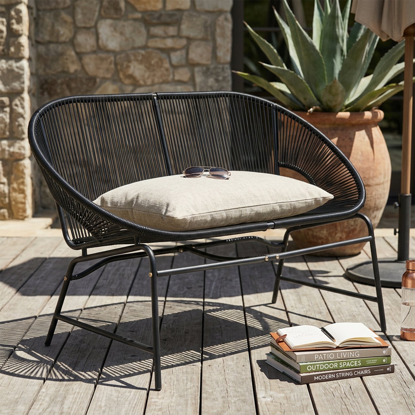 CONDESSA OUTDOOR PATIO WICKER LOVE SEAT, BLACK PE RATTAN & IRON