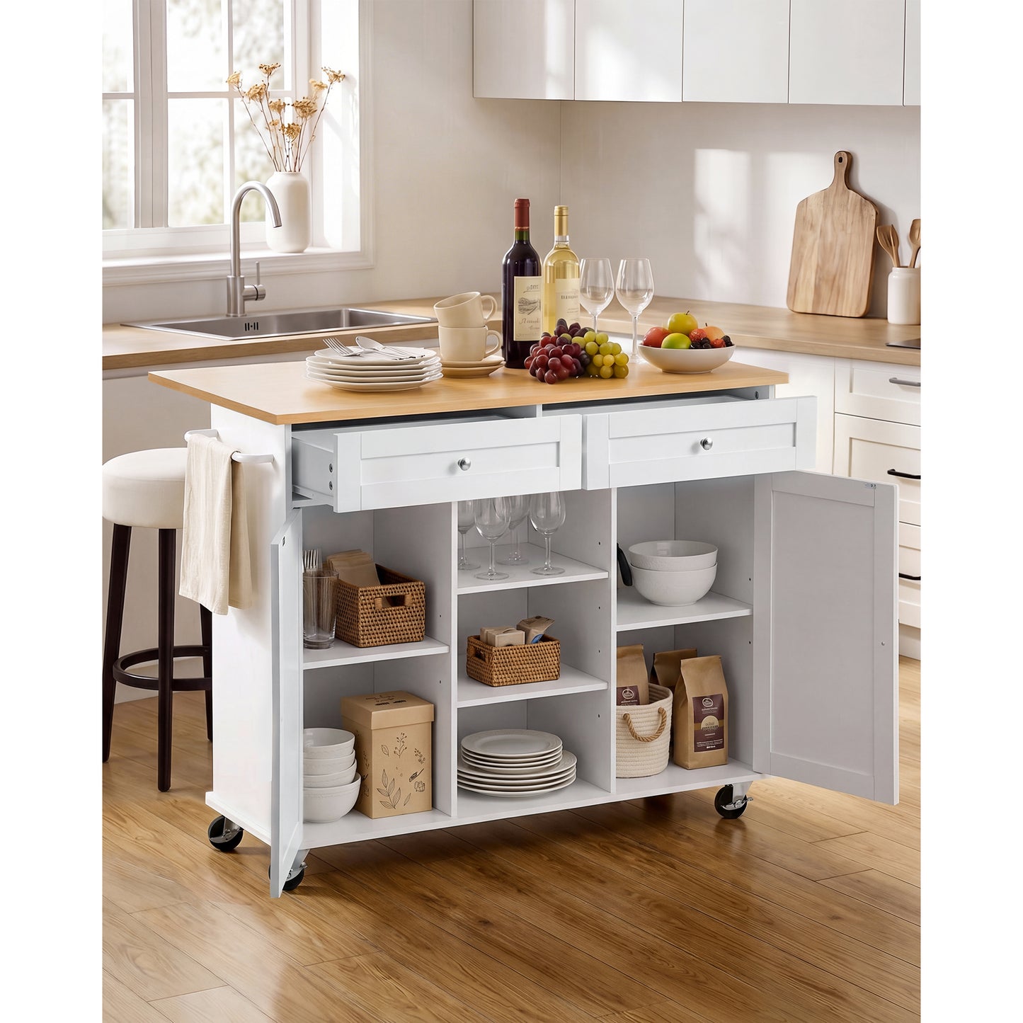Kitchen Island Cart with Storage and Drop Leaf - Mobile White Utility Table with Drawers and Towel Rack