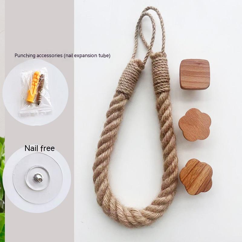 Hemp Rope Storage Towel Rack Solid Wood Wall Mount Home Organization