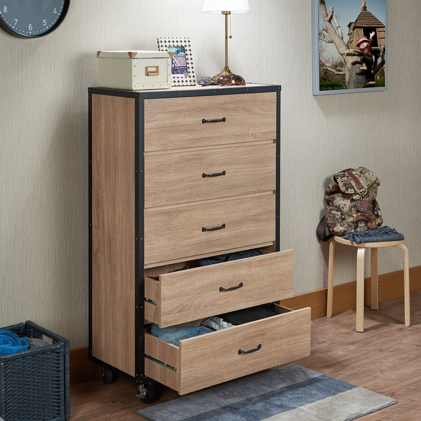 Weathered Light Oak Finish Storage Chest with 5 Drawers