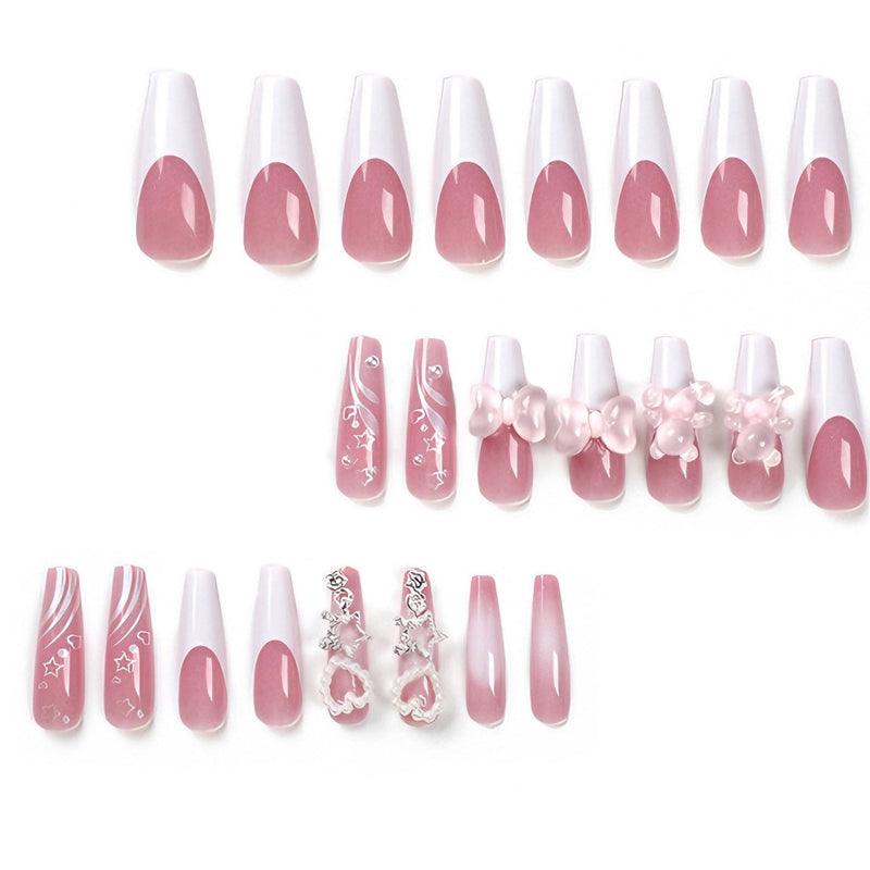 24-Piece Bear & Bowknot Press-On Nails - Long Square False Nail Tips
