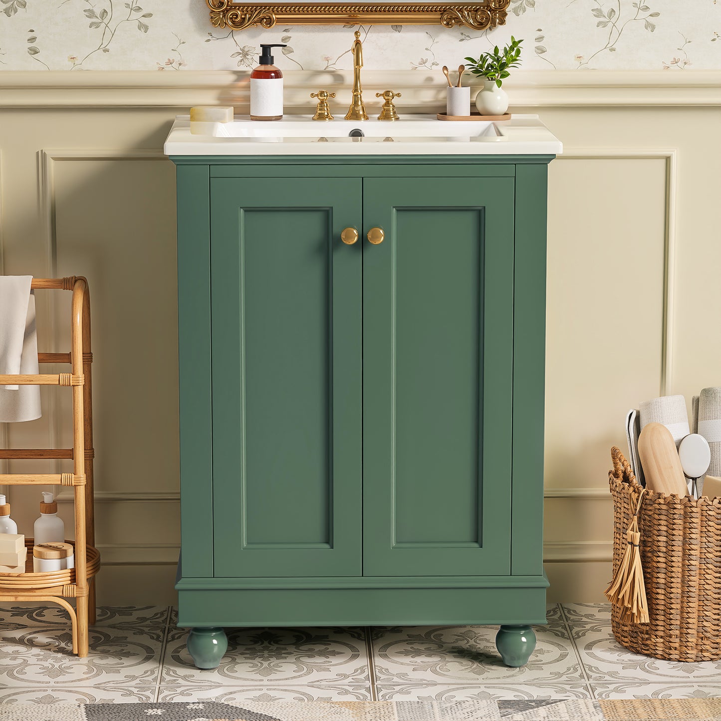 24 Inch Green Modern Bathroom Vanity Cabinet with Soft-Closing Storage