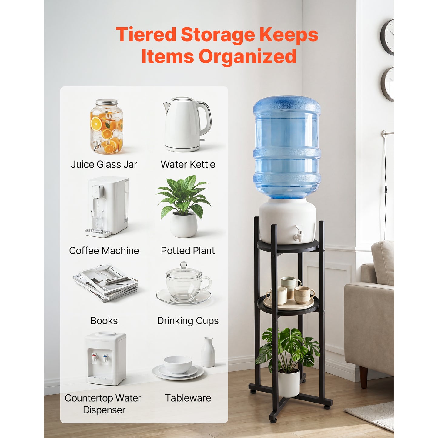 Heavy Duty Water Dispenser Stand with 2 Tiers, Detachable Shelf, Black