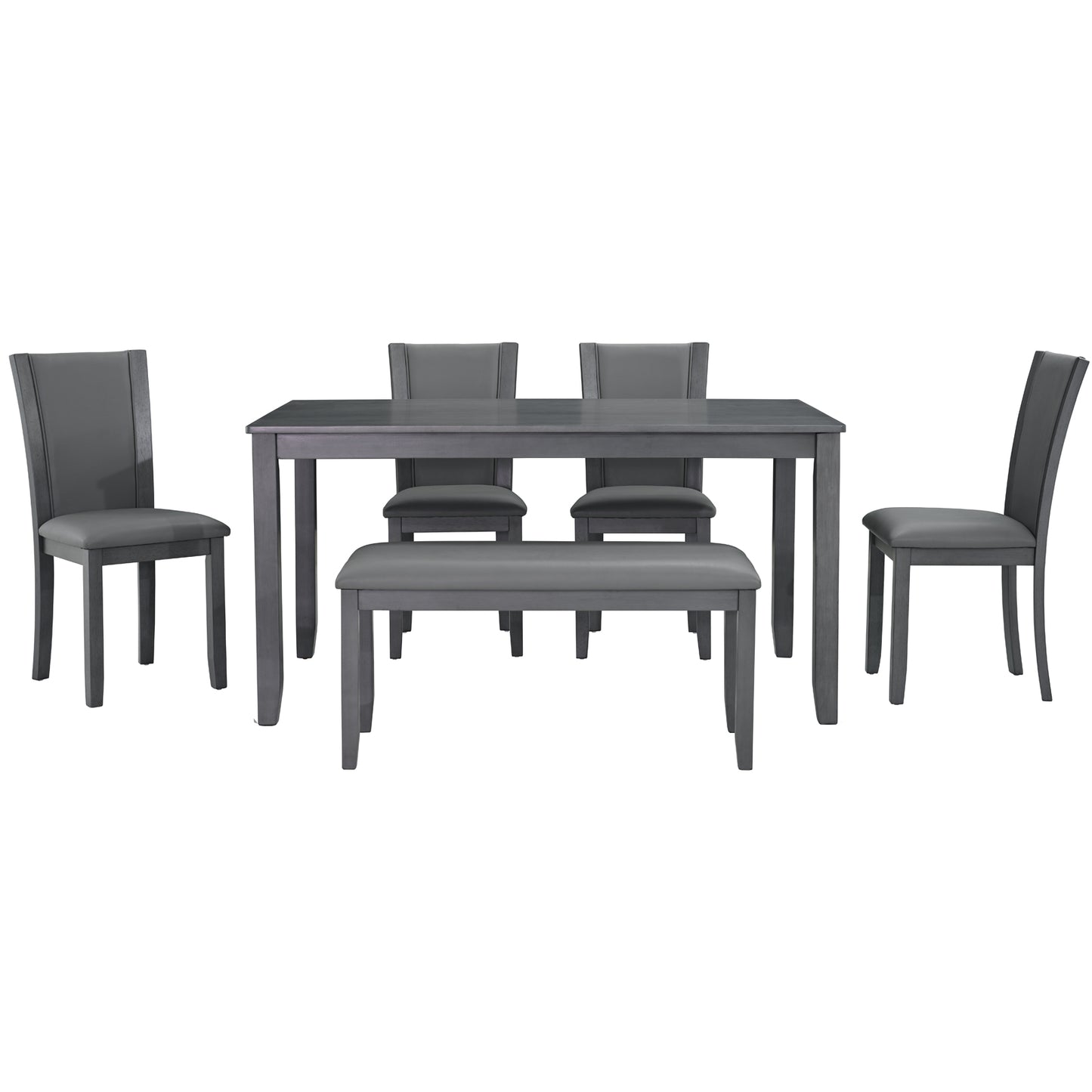 6-Piece Wooden Dining Table Set with Bench and Chairs - Gray