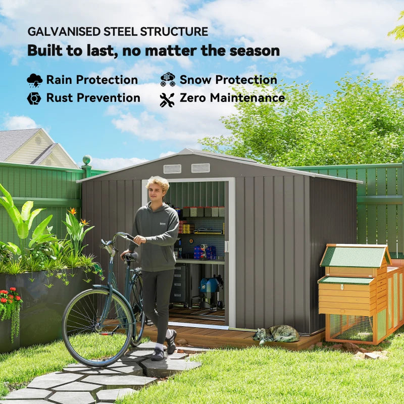 Outdoor Garden Tool Storage Shed - Galvanized Steel, Light Gray, 9x6 ft