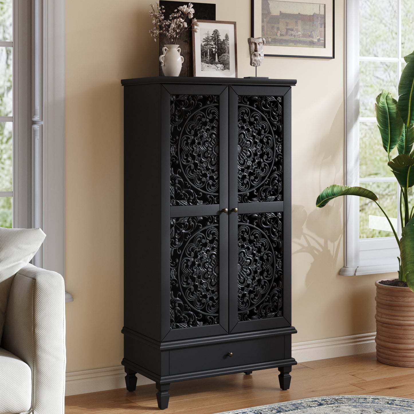 Rustic 55" Tall Storage Cabinet with Drawer - Black Accent Cabinet
