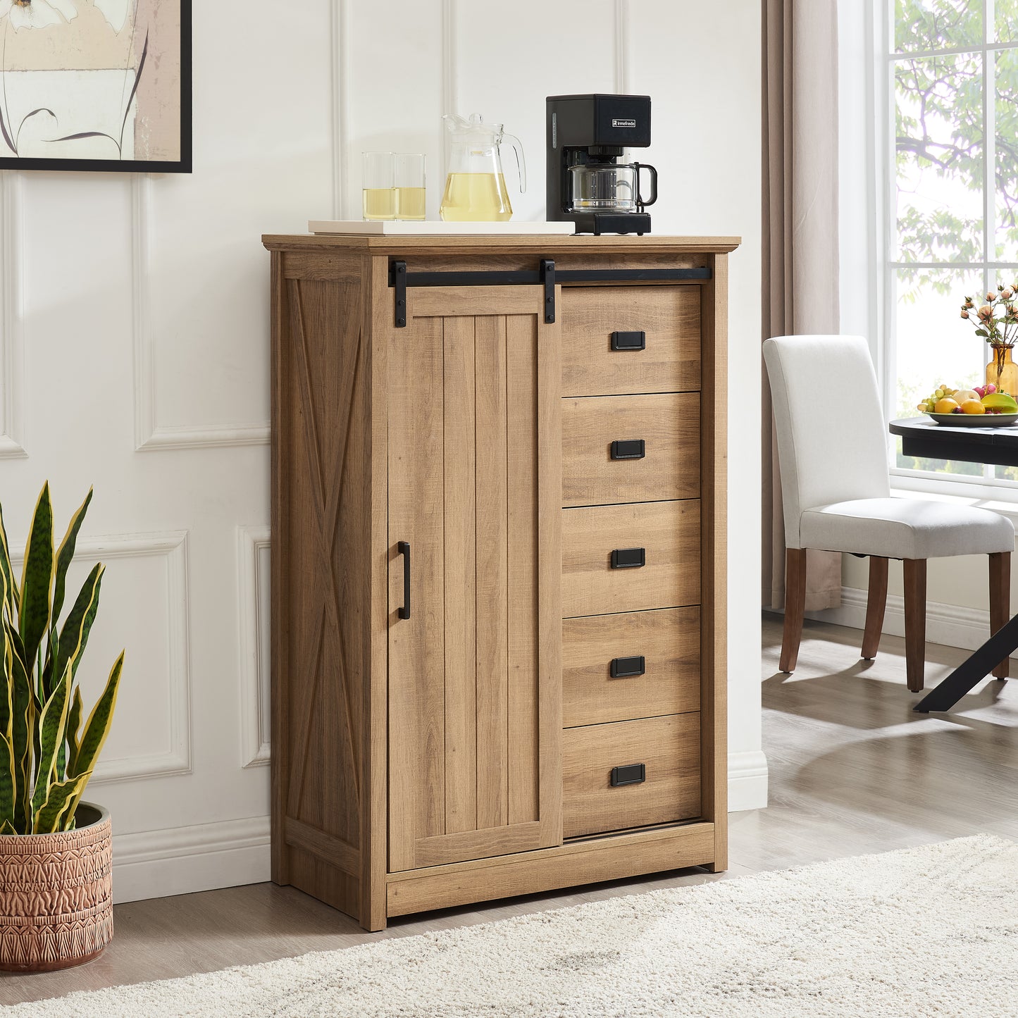 Farmhouse 5-Drawer Dresser with Sliding Barn Door - Oak