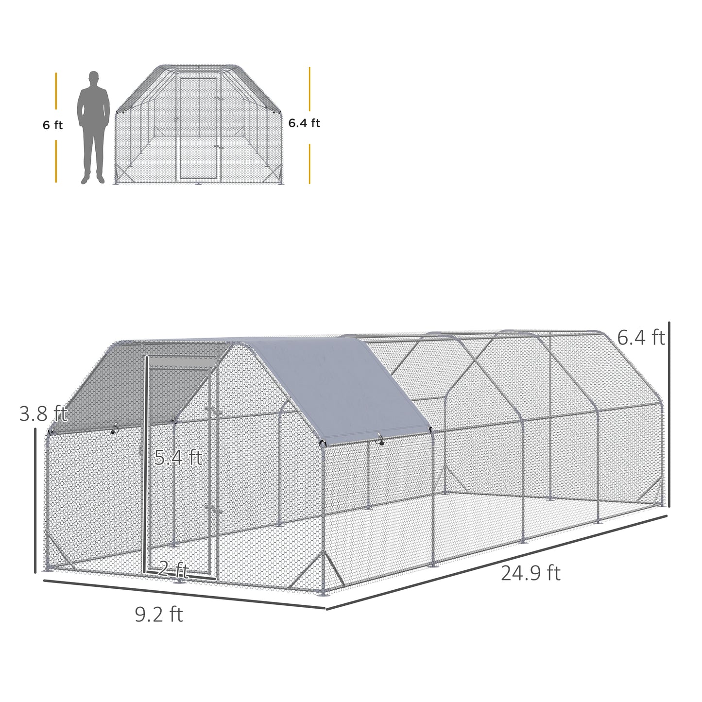 Large Metal Chicken Coop with Waterproof Cover - Walk-In Yard Fence, 1950x330x160mm