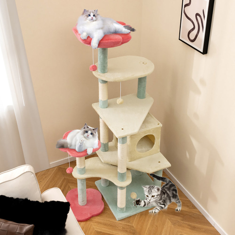 Multi-Level Cat Tree Tower with Flower-Shaped Perch and Scratching Posts - 61 Inch