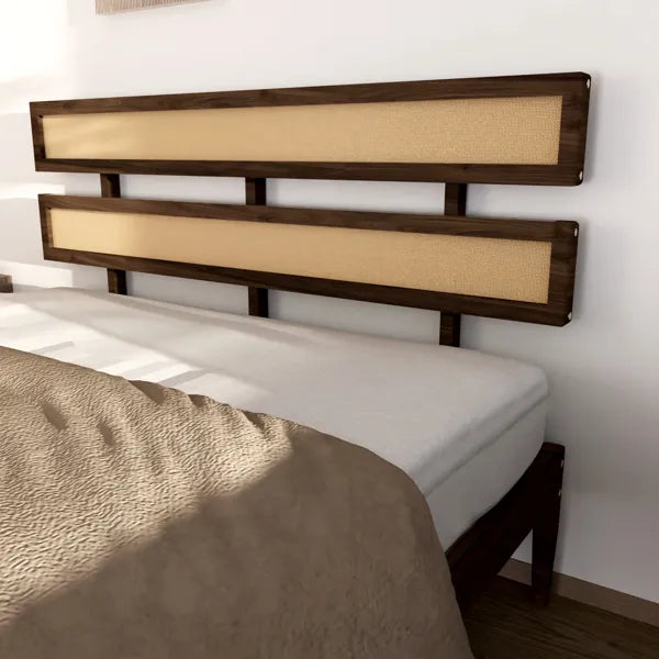 Queen Size Rattan Woven Headboard - Bohemian Style, Dark Walnut