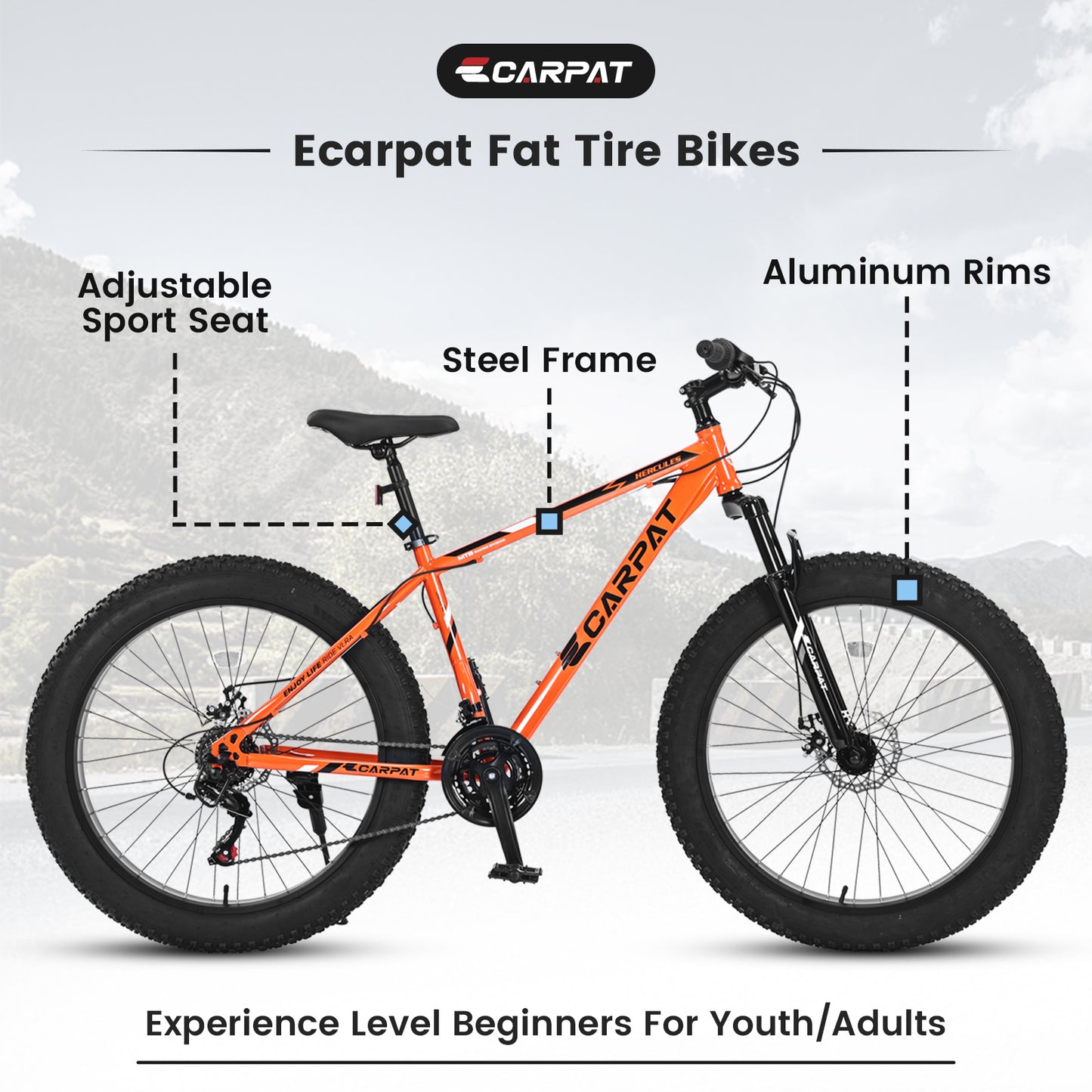 26 Inch Fat Tire Mountain Bike - Shimano 21 Speed, Dual Disc Brakes, Orange
