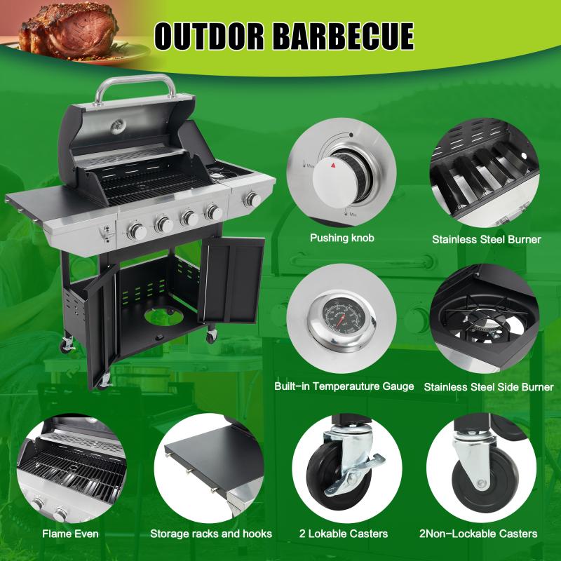 Stainless Steel Propane Gas Grill with Side Burners - Black