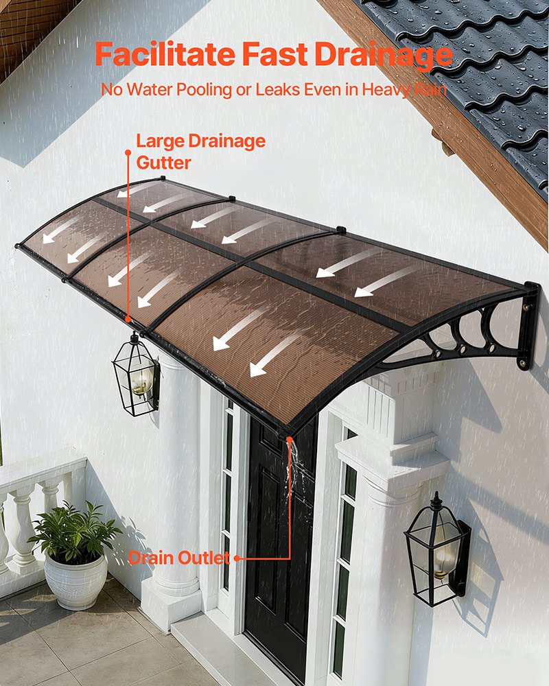 Black Polycarbonate Door Awning 38x117 Inches Rain Snow Sun Protection