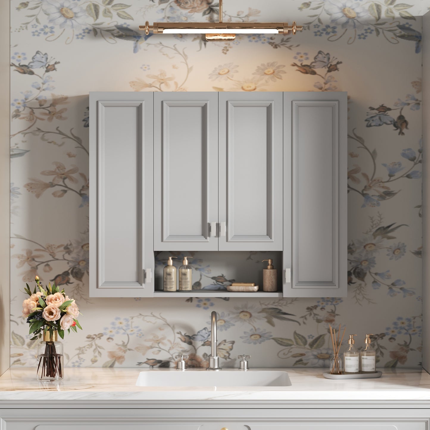 Wall-Mounted Modern Bathroom Cabinet with 5 Adjustable Shelves - Gray