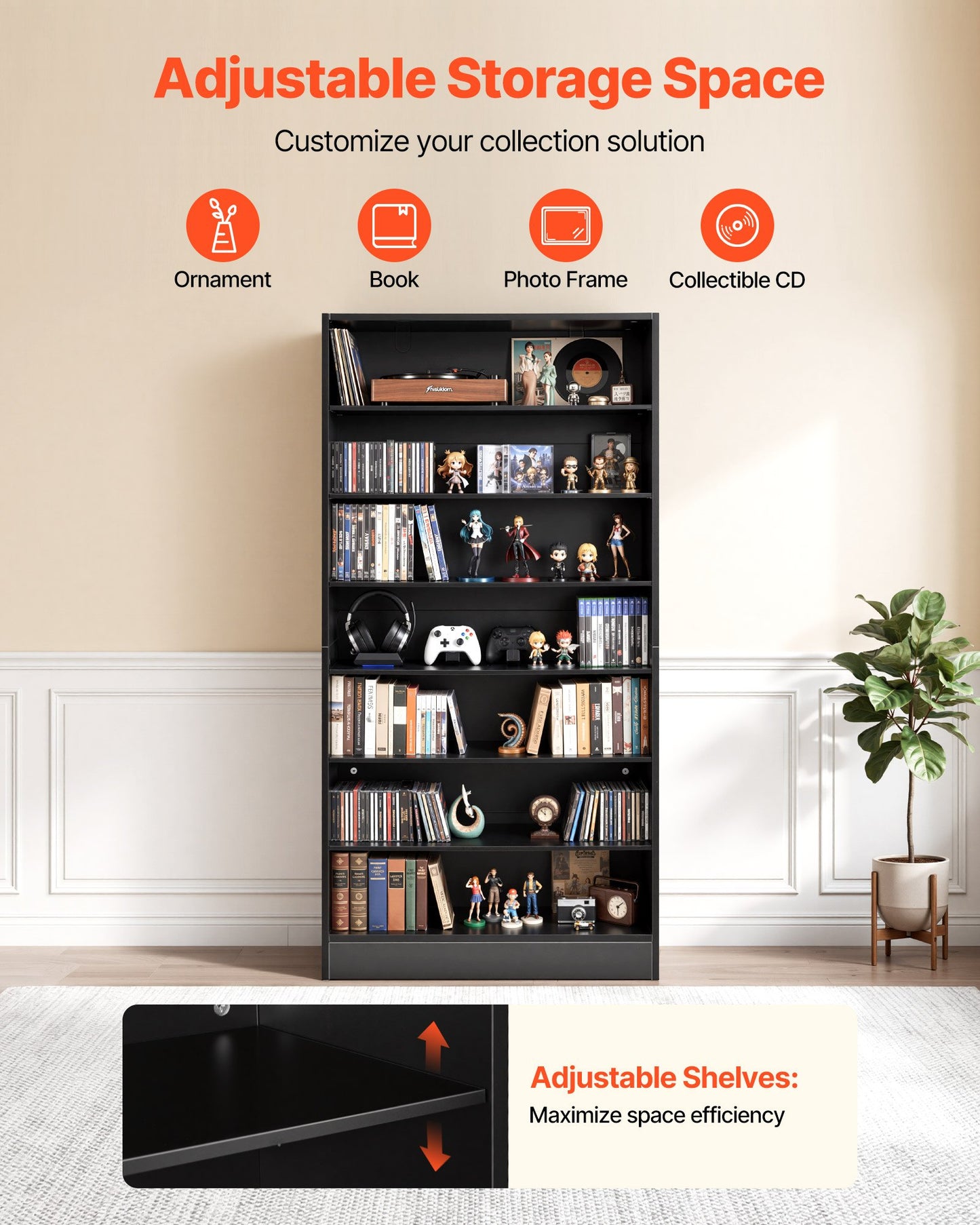 Media Storage Cabinet 7-Tier DVD Shelf Organizer for CDs, DVDs, Books & Games - Black