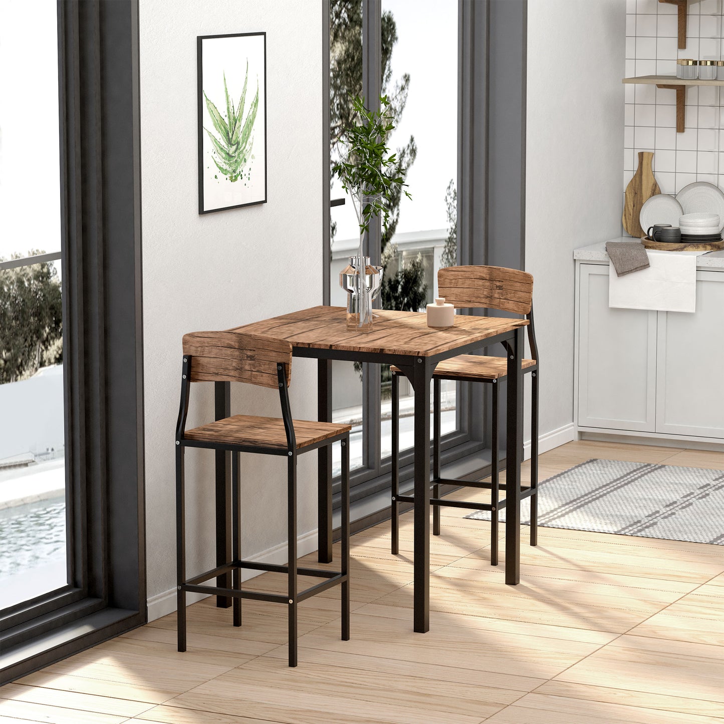 3-Piece Square Dining Table Set with 2 Stools - Walnut & Black