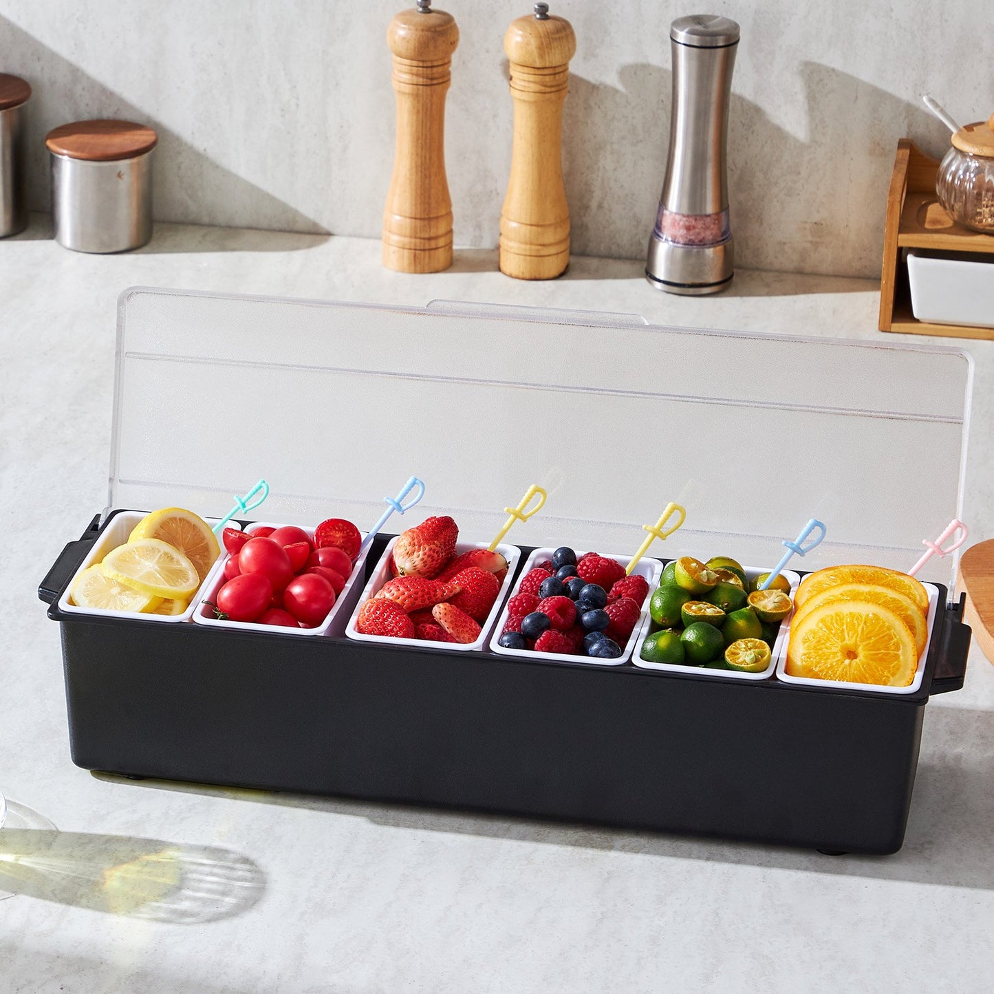 Chilled Condiment Server with Lid - 6 Compartment Serving Tray