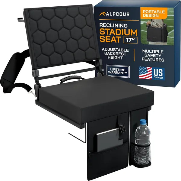 Folding Reclining Stadium Seat with Back Support - Black, 17" Wide