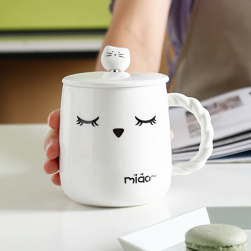 Ceramic Water Cup with Lid and Spoon - Cartoon Style, 401-500ml
