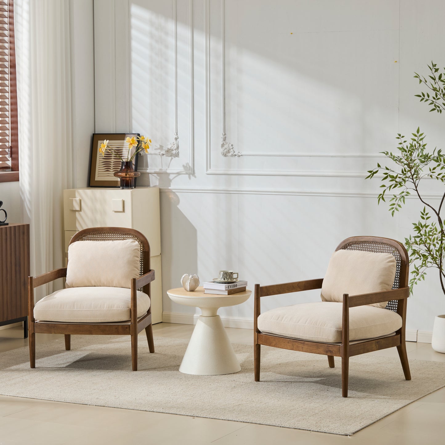 Mid-Century Modern Accent Chair Set - Light Brown & Beige Stripe