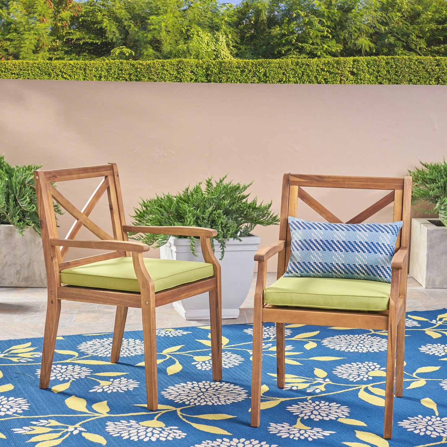 Acacia Wood Dining Chair Set with Green Cushions - 2 Pieces