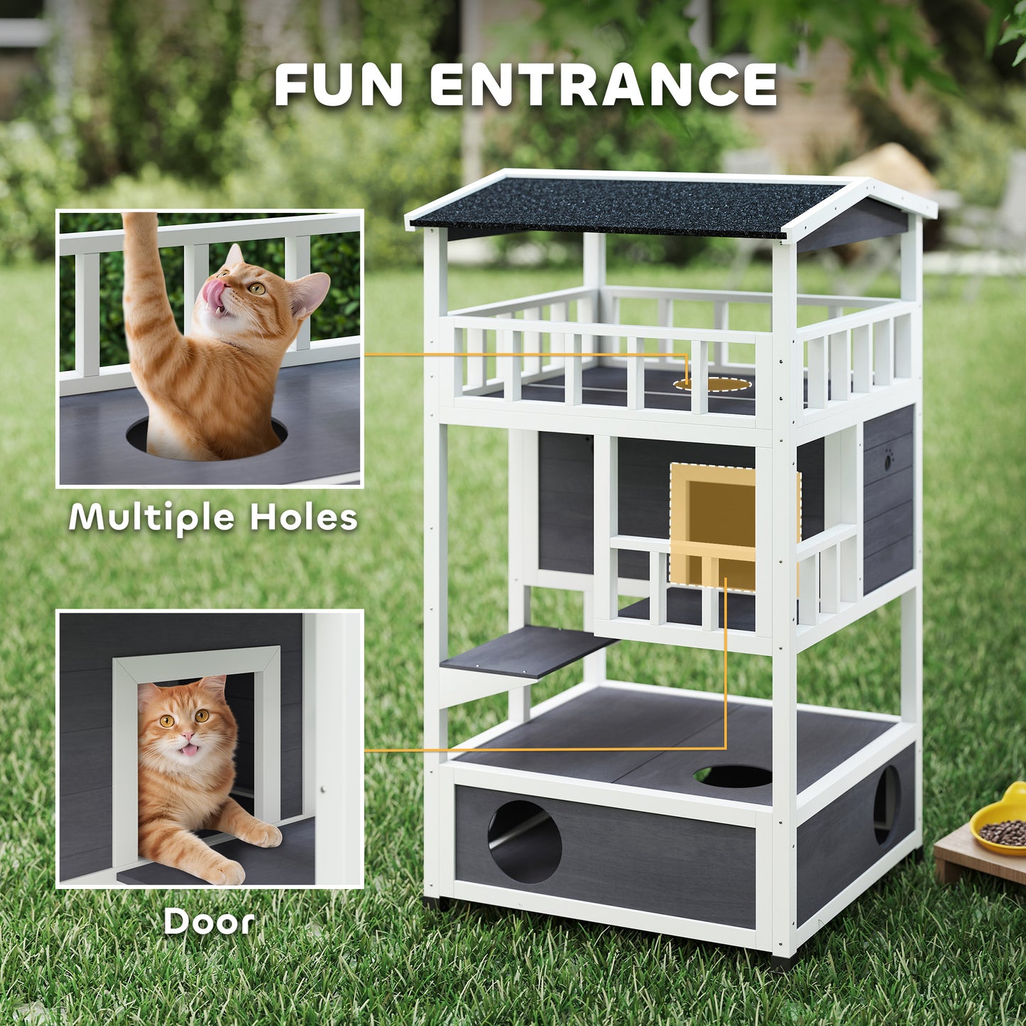 Outdoor Cat House with Asphalt Roof, Escape Doors & Jumping Platform - Gray
