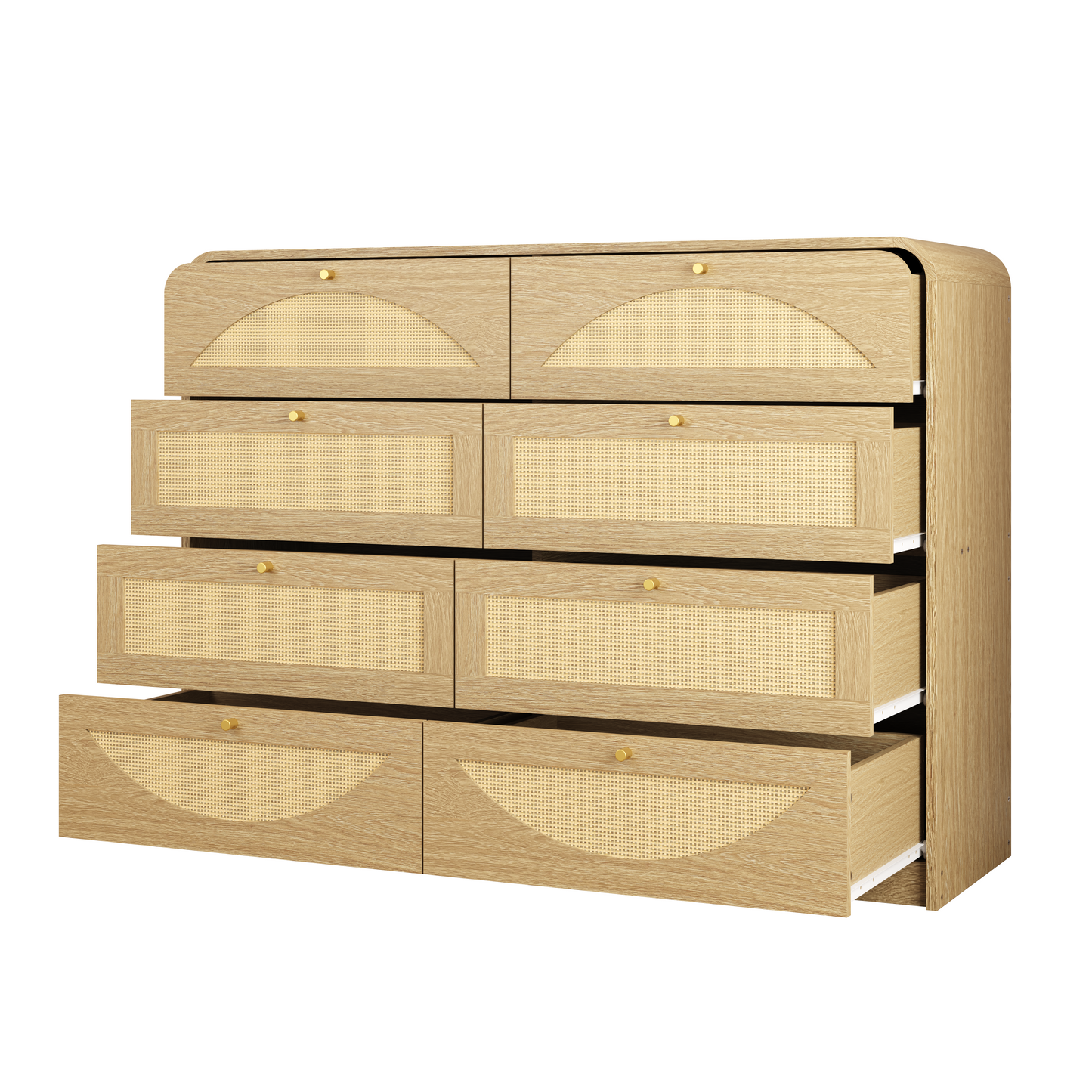 Natural 8-Drawer Dresser with Rattan Front - Wide Storage Cabinet