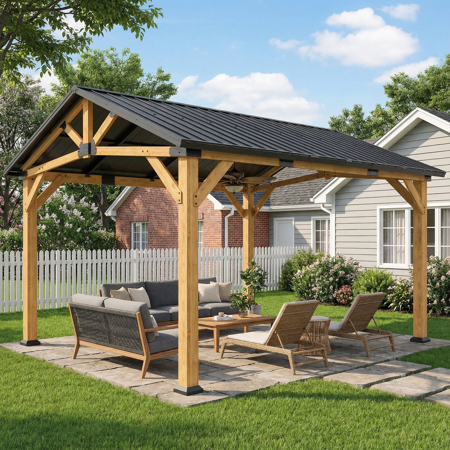 Hardtop Gazebo Canopy with Metal Roof & Fir Wood Frame - Black Gray