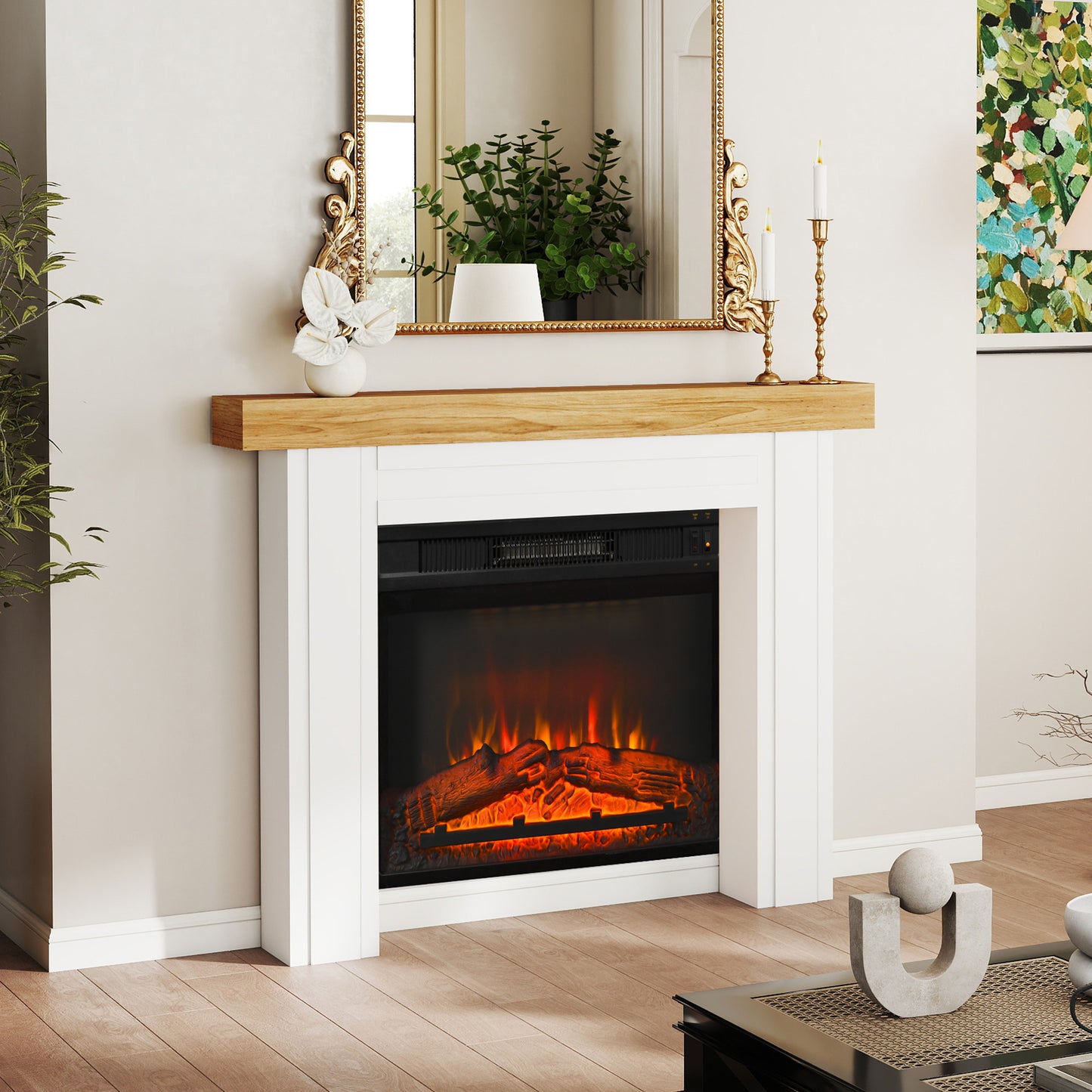 Freestanding Fireplace Mantel Natural Wood for Electric Fireplaces - 51.2" W x 40.6" H
