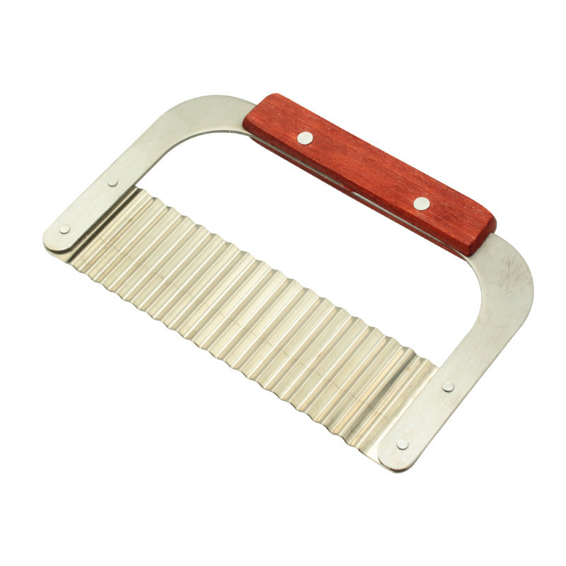 Stainless Steel French Fry Cutter with Wooden Handle Wavy Blade Kitchen Tool