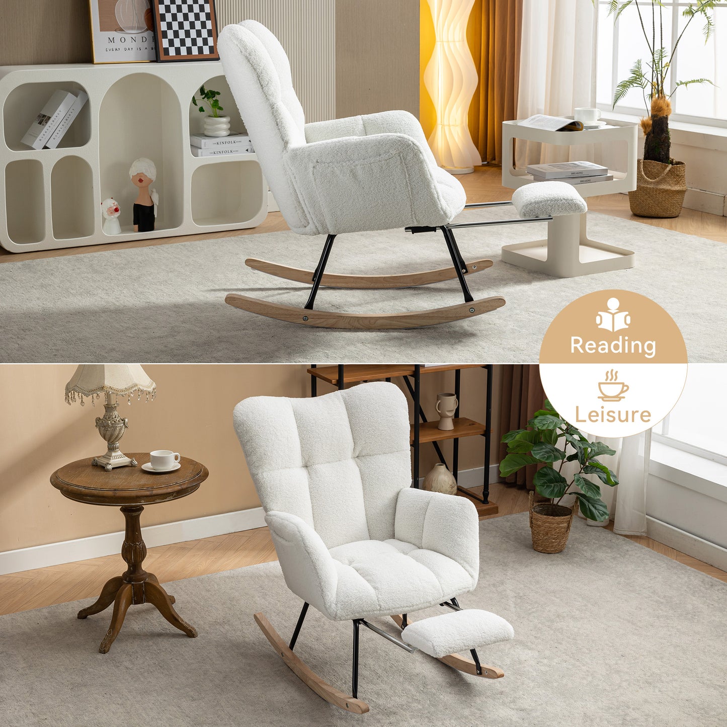 Teddy Fabric Nursery Rocking Chair with Adjustable Footstool - Ivory