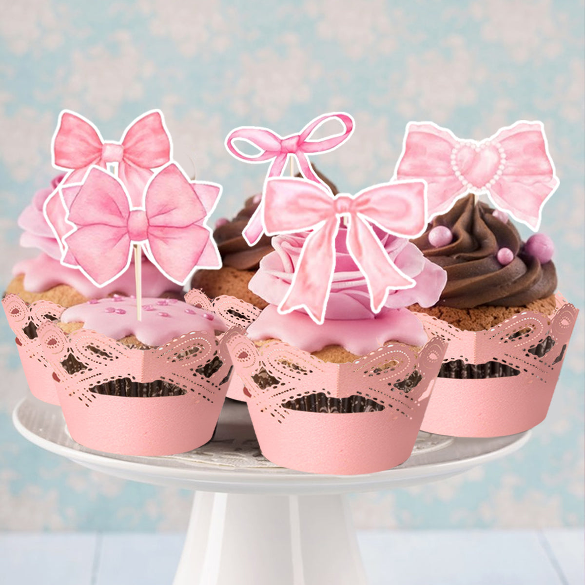48-Piece Pink Bow Cupcake Toppers Kit - Party Supplies