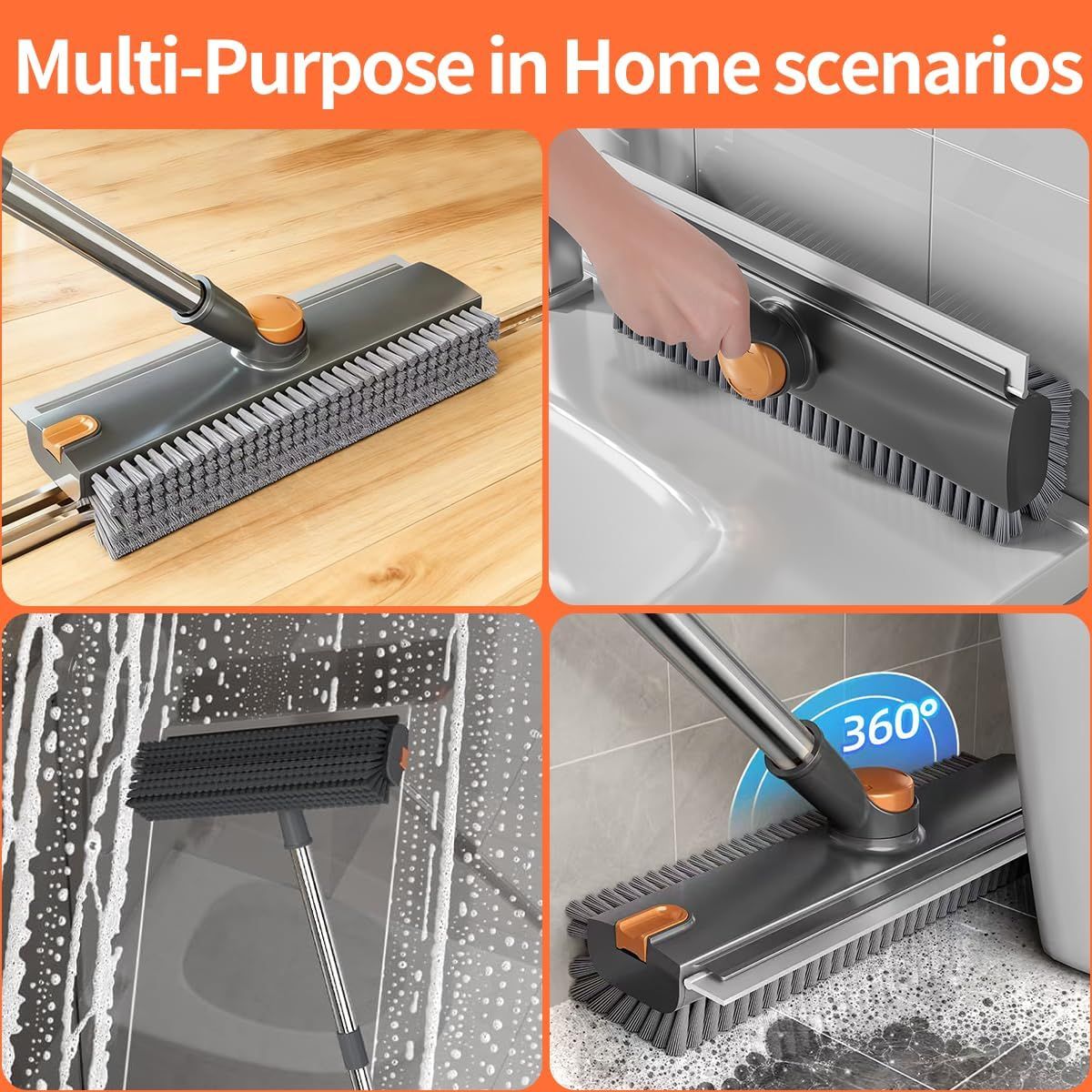 3-in-1 Long Handle Floor and Shower Scrub Brush with Squeegee - Grey