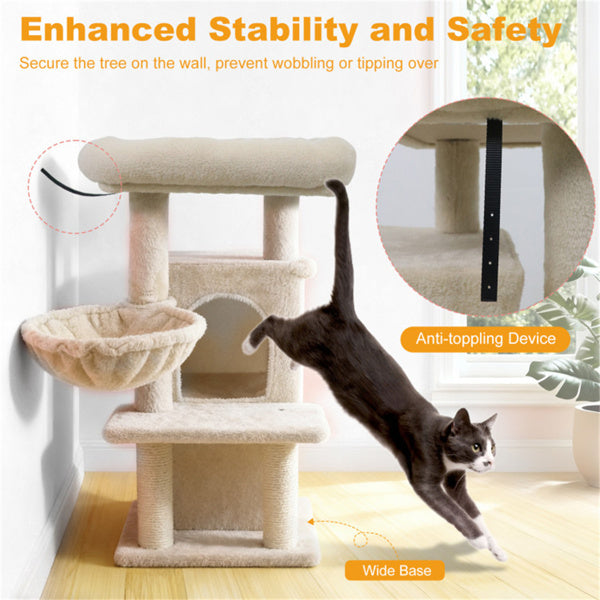 Beige Multi-Level Cat Tree with 2-Tier Condo, Sisal Posts & Wall Mount for Cats