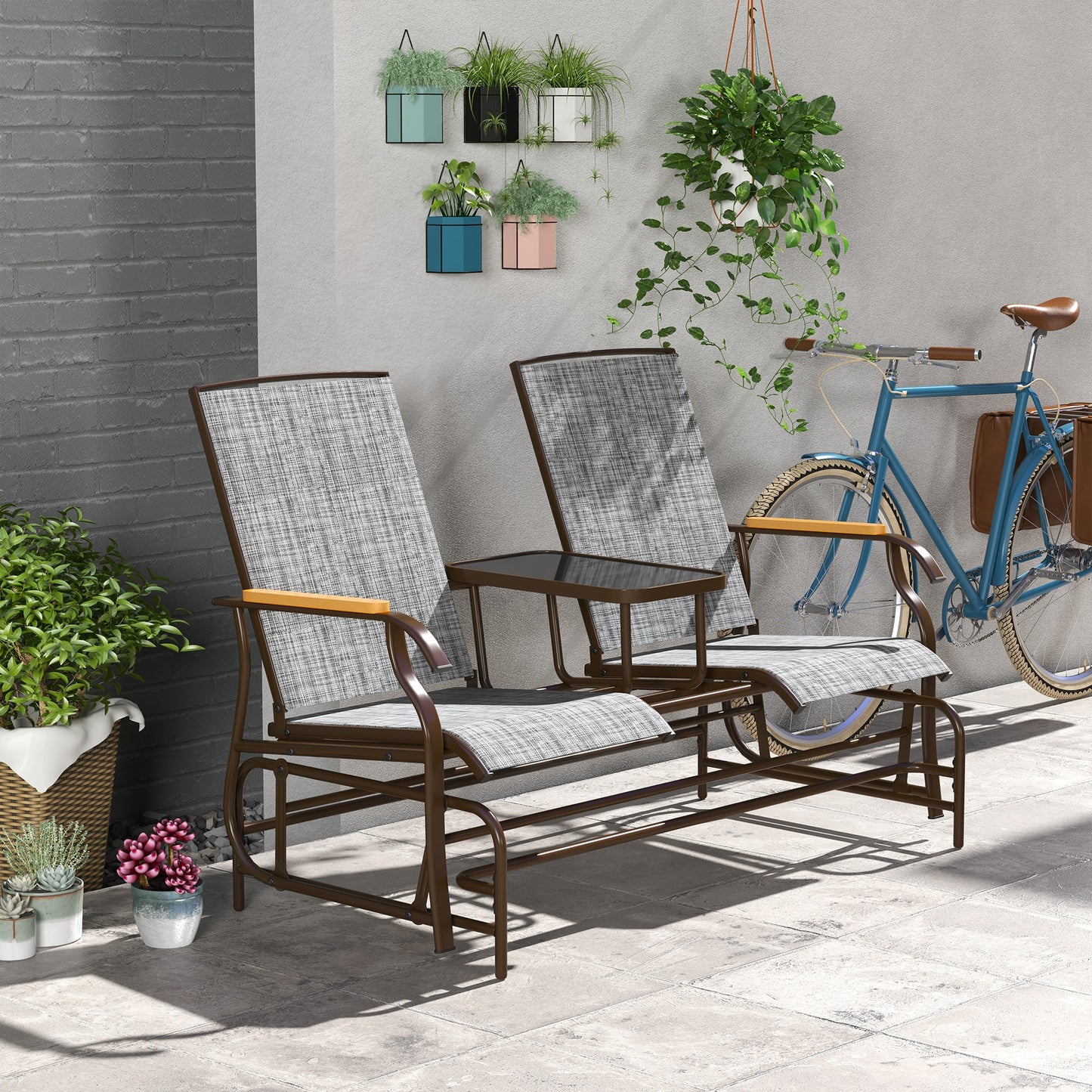 Outdoor 2-Person Glider Bench with Table - Gray Steel Frame
