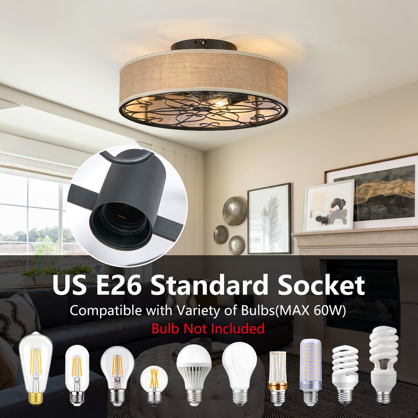 20-Inch Bladeless Ceiling Fan with Lights & Remote - Farmhouse Style