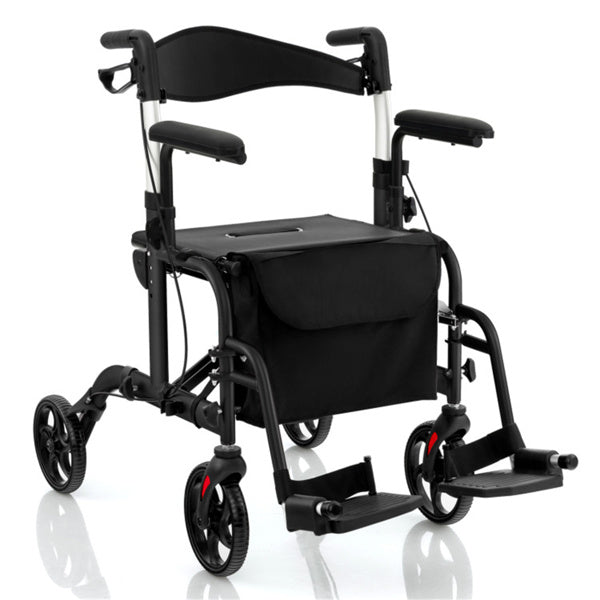 2-in-1 Rollator Walker and Wheelchair - 300lbs Capacity, Adjustable Handles, Black