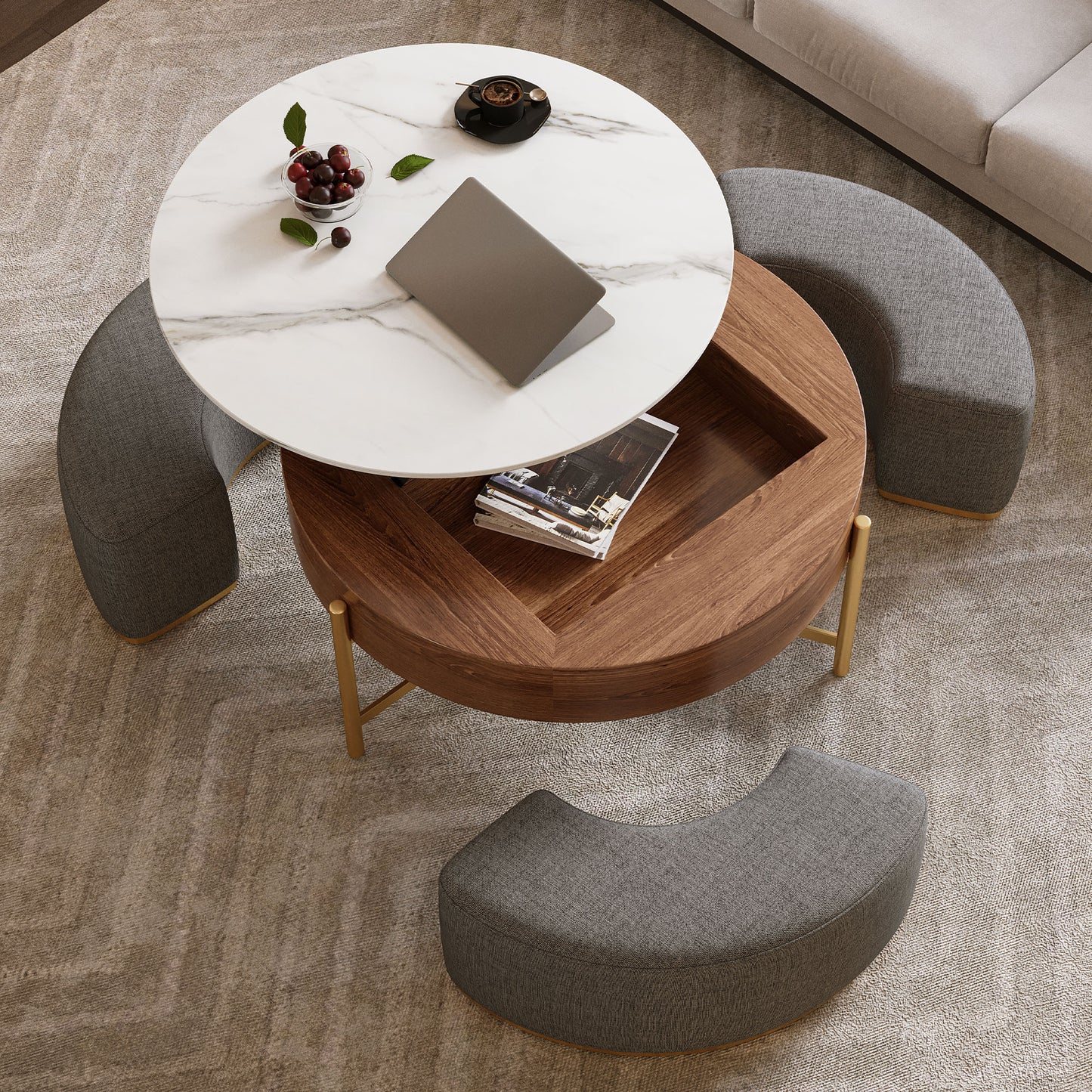 Modern Lift-Top Round Coffee Table with Hidden Storage & 3 Ottomans